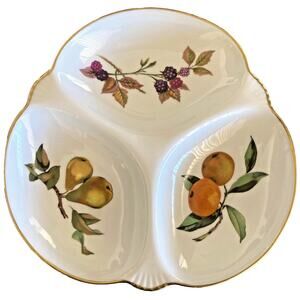 1961 Royal Worcester Evesham Triple Divided Gold Dish England Fruit Autumn Fall